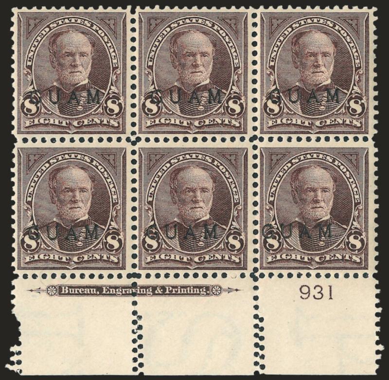 1899, 8c Violet Brown (7).> Bottom imprint and plate no. 931 block of six, slight tropical original gum, unusual partial double perfs in selvage, small irregularity at bottom left caused when separated, still
well below imprint and plate no., Fine-Ve