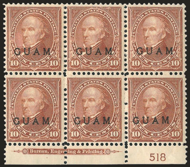 1899, 10c Brown, Ty. I (8).> Bottom imprint and plate no. 518 block of six, tropical original gum, pos. 2 and 3 tiny scuff specks due to having been stuck to another sheet, otherwise Fine-Very Fine