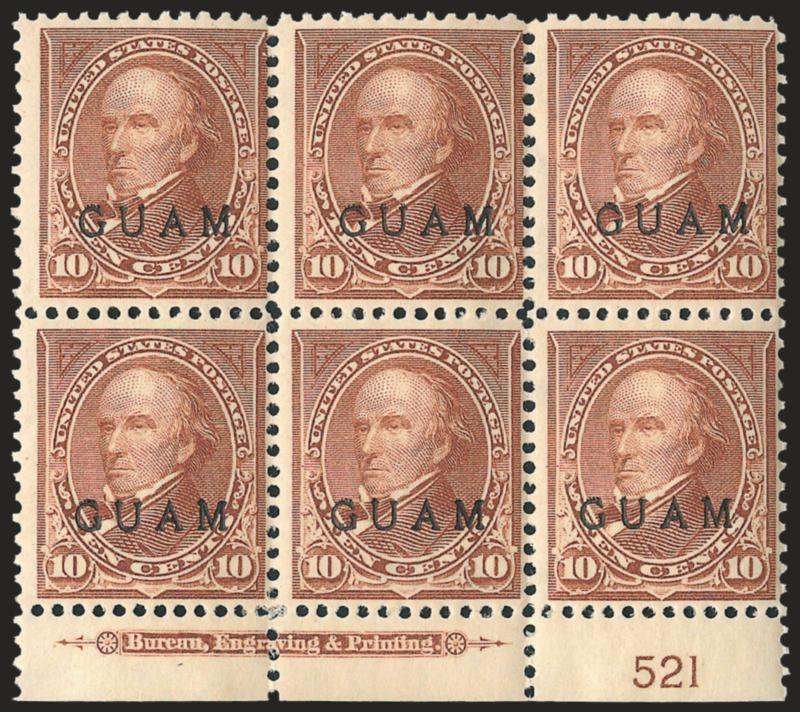 1899, 10c Brown, Ty. I (8).> Bottom imprint and plate no. 521 block of six, original gum, Fine