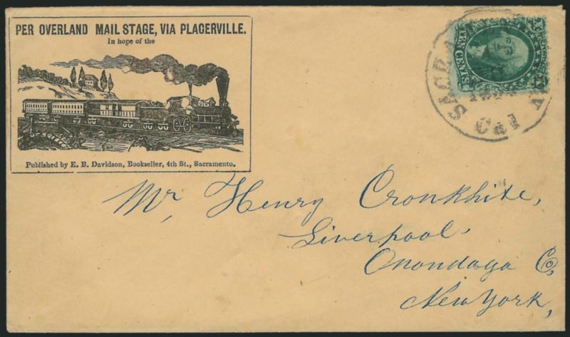 10c Green, Ty. V (35).> Dark shade, tied by Sacramento City Cal. Sep. 20, 1859 circular datestamp on cover addressed in blue to Liverpool N.Y. with <Per Overland Mail Stage, Via Placerville, In hope of the
[railroad] illustrated railroad propagan