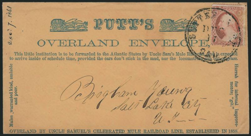 3c Dull Red, Ty. III (26).> Top right corner rounded, tied by Sutters Creek Cal. Dec. 17 double-line circular datestamp on buff cover with <blue Putts Overland Envelope satirical railroad propaganda design,> two
small cuts of horse-drawn stageco