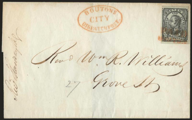 Boutons City Dispatch Post, New York N.Y., 2c Black on Grayish, Dots in Corners (18L2).> Large margins, sharp impression on bright fresh paper, tied by red ^PAIDBOUTON^ two-line handstamp, matching Boutons City
Despatch Post oval handstamp on f