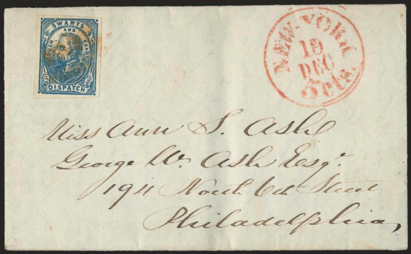 Swarts City Dispatch Post, New York N.Y., (2c) Blue on Wove (136L8).> Large margins, tied by red boxed Paid handstamp on folded cover to Philadelphia, red New-York 5cts. 19 Dec. integral-rate circular datestamp,
Extremely Fine, the Swarts Rough
