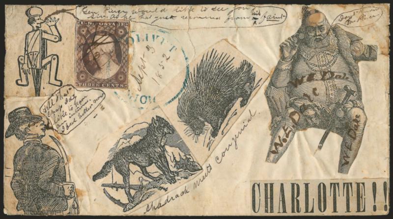 3c Dull Red, Ty. II (11A).> Margins to in, oxidized, cancelled by penstrokes and tied by blue Olivet Mich. Sep. 3, 1852 circular datestamp with date in manuscript on cover to Charlotte, with <nine printed
illustrations attached as a collage and wit