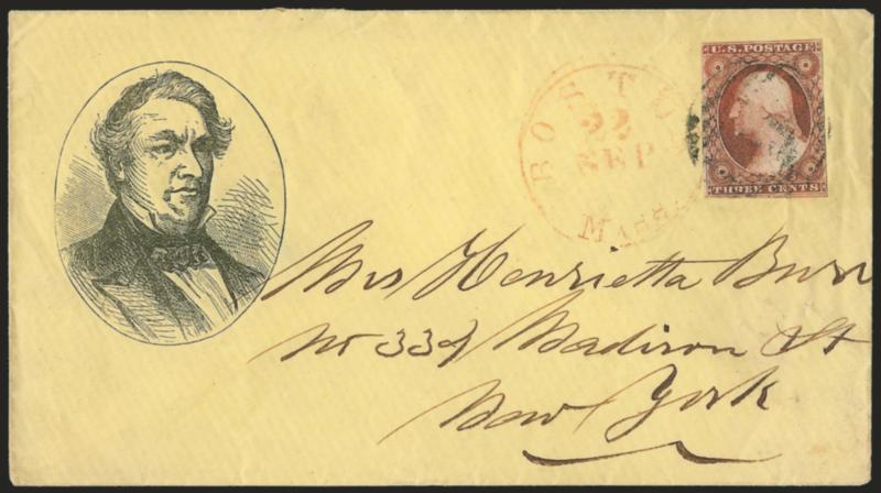 3c Dull Red, Ty. I (11).> Large margins to just touched, tied by Paid grid, red Boston Mass. Sep. 22 circular datestamp on yellow cover to New York, with <Millard Fillmore three-quarter portrait in oval,>
Milgram MF-3, missing part of top flap, V