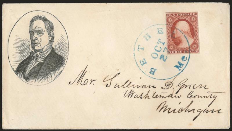 3c Dull Red, Ty. I (11).> Large even margins all around, brilliant color, tied by blue Bethel Me. Oct. 27 circular datestamp on cover to Mich. with <James Buchanan three-quarter portrait in oval,> Milgram JB-1,
John Andrew imprint, 1856 docketing o