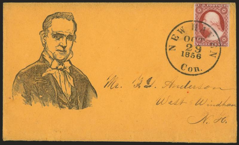 3c Dull Red, Ty. I (11).> Large margins to clear, showing distinct doubling of frameline at left, tied by New Haven Con. Oct. 29, 1856 circular datestamp on orange cover to West Windham N.H., with <large
three-quarter portrait of James Buchanan,> M