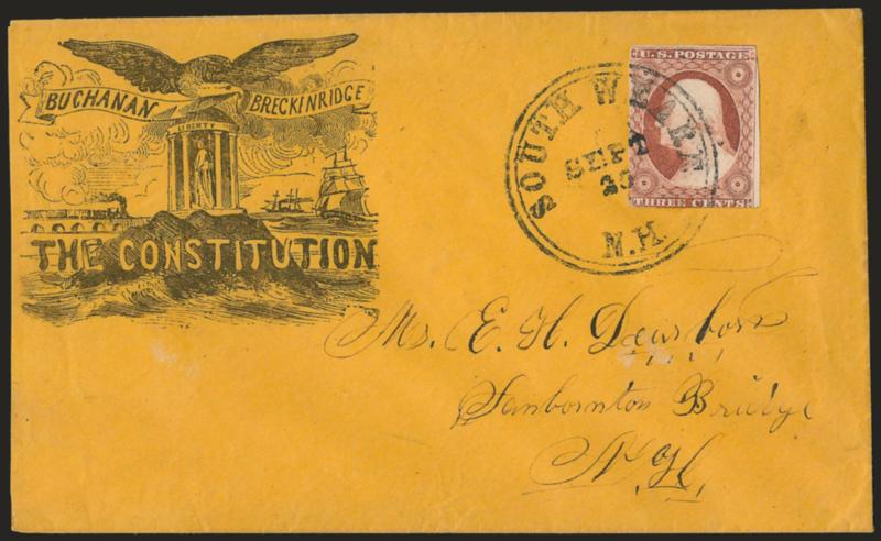 3c Dull Red, Ty. I (11).> Large margins to just in, tied by South Weare N.H. Sep. 25 circular datestamp on orange cover to Sanborton Bridge N.H., with uchanan and Breckinridge The Constitution campaign design,>
Milgram JB-13, barely reduced at