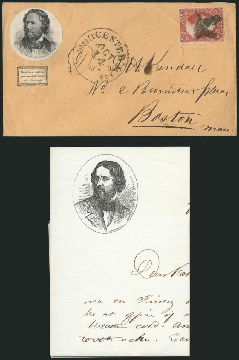 3c Dull Red, Ty. I (11).> Large margins to clear incl. part of adjoining stamp at right, tied by <Star fancy cancel,> neat Worcester Mass. Oct. 14 circular datestamp on cover to Boston, with <Fremont
three-quarter portrait label and Doe-faces and