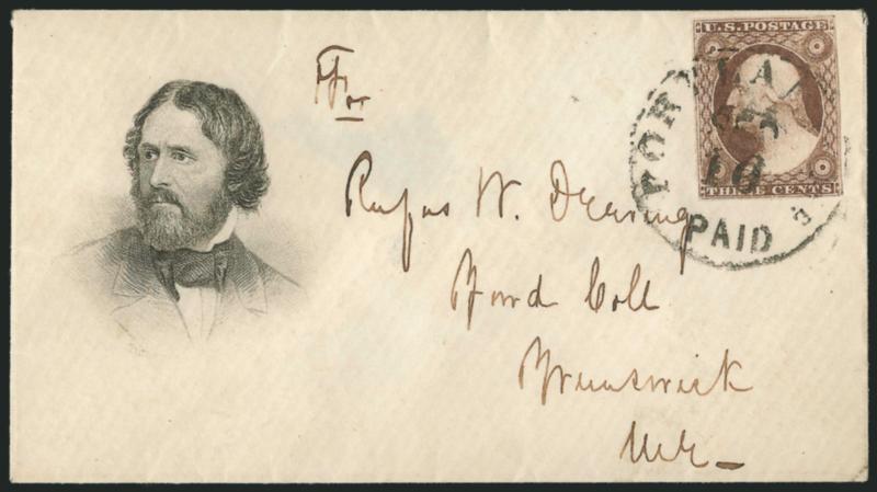 3c Dull Red, Ty. II (11A).> Full margins to just touched, intense shade (slightly oxidized), tied by Portland Me. Sep. 16 circular datestamp on cover to Brunswick Me. with <Fremont three-quarter portrait,>
Milgram JF-4, dry print at bottom but with