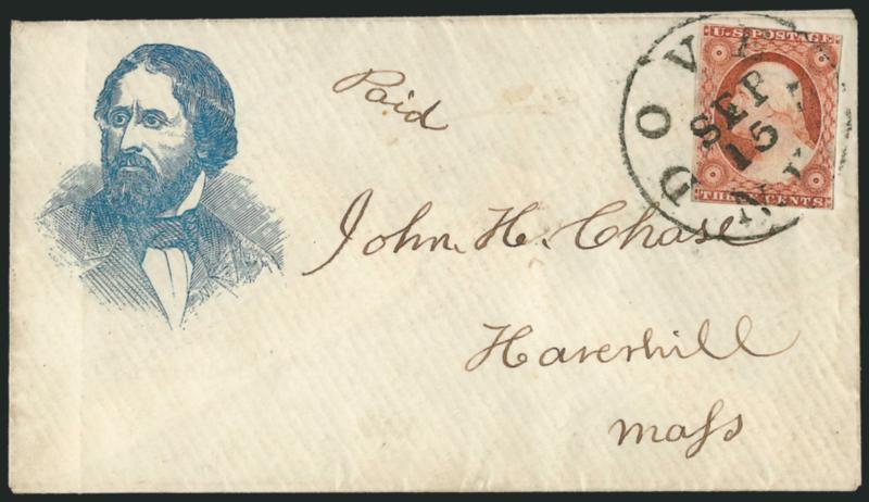 3c Dull Red, Ty. II (11A).> Large margins to in, tied by Dover N.Y. Sep. 15 circular datestamp on cover to Haverhill Mass., with blue <Fremont three-quarter portrait,> Milgram JF-6, slight wear, Very Fine, ex
Malpass