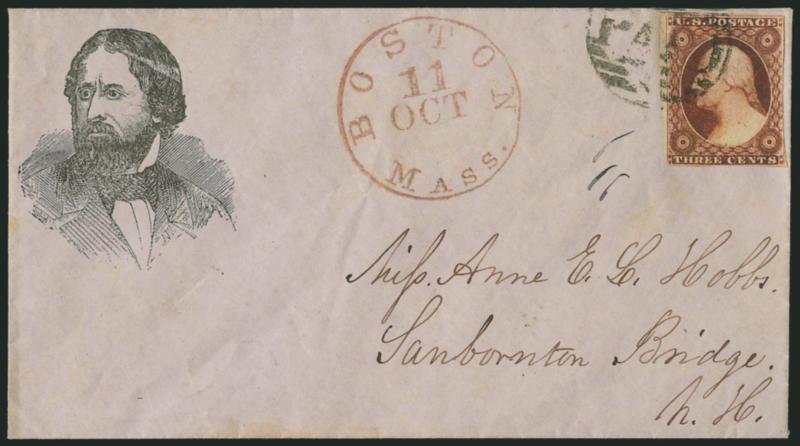 3c Dull Red, Ty. I (11).> Large margins to in, tied by large Paid grid, red Boston Mass. Oct. 11 circular datestamp on light purple cover to Sanborton Bridge N.H. with <Fremont three-quarter portrait,> Milgram
JF-6, stamp slightly oxidized, Very