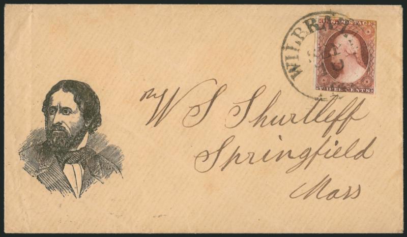 3c Dull Red, Ty. I (11).> Rich color, large margins to in, tied by Wilbraham Mass. Sep. 10 circular datestamp on cover to Springfield Mass., with <Fremont three-quarter portrait> which is shifted noticeably
towards the bottom of the cover, Milgram