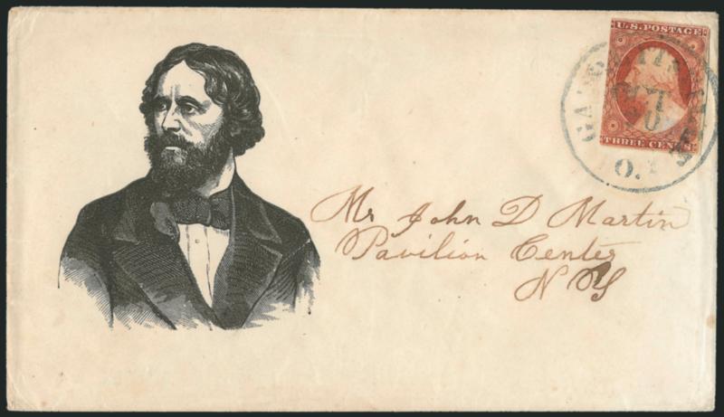 3c Dull Red, Ty. II (11A).> Position 84L5, <major plate crack,> large margins to in, tied by blue Garrettsville O. Oct. 20 circular datestamp on cover to Pavilion Center N.Y. with <Fremont large three-quarter
portrait,> Milgram JF-24, Very Fine, sc