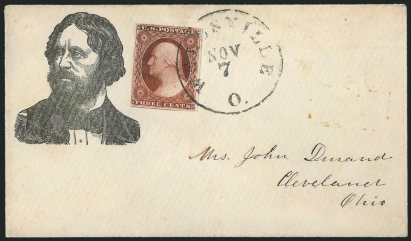 3c Brownish Carmine, Ty. I (11).> Rich color, mostly large margins incl. part of adjoining stamp at bottom, tied by Wellsville O. Nov. 7 circular datestamp on cover to Cleveland O. with <Fremont three-quarter
portrait,> Milgram JF-33 (Very rare. U