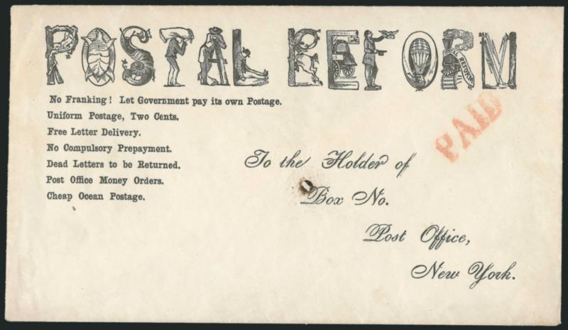 Postal Reform.> Cover with letters of Postal Reform made from different postal-related themes such as horse and rider, person carrying mail bag, train, balloon, etc., red Paid handstamp, printed New York City
post office boxholder address for gen