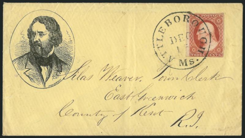3c Dull Red, Ty. II (11A).> Large margins to clear incl. sheet margin at left, tied by Attleboro Ms. Dec. 15 circular datestamp on yellow cover to East Greenwich R.I. with <Fremont three-quarter portrait in
oval,> John Andrew imprint, Milgram JF-36