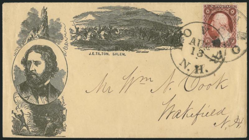 3c Dull Red, Ty. III (26).> Rich color, tied by two strikes of Dover N.H. Aug. 13 circular datestamp on buff cover to Wakefield N.H. with <Fremont three-quarter portrait in oval surrounded by scenes of Fremont
battling Indians,> John Andrew and J.
