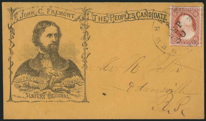3c Dull Red, Ty. II (11A).> Huge margins all around incl. part of seven adjoining stamps, tied by light strike of New Bedford Ms. Sep. 30 circular datestamp on buff cover to Adamsville R.I. with <John C.
Fremont, The Peoples Candidate campaign d