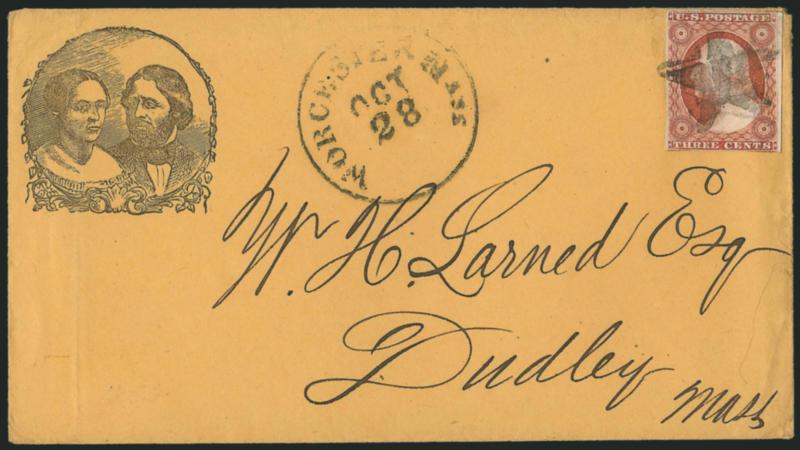 3c Dull Red, Ty. I (11).> Large margins to just in, tied by <Star fancy cancel,> Worcester Mass. Oct. 28 circular datestamp on cover to Dudley Mass. with <Jessie and John C. Fremont dual portraits in frame,>
Milgram JF-49, 1856 printed contents, st