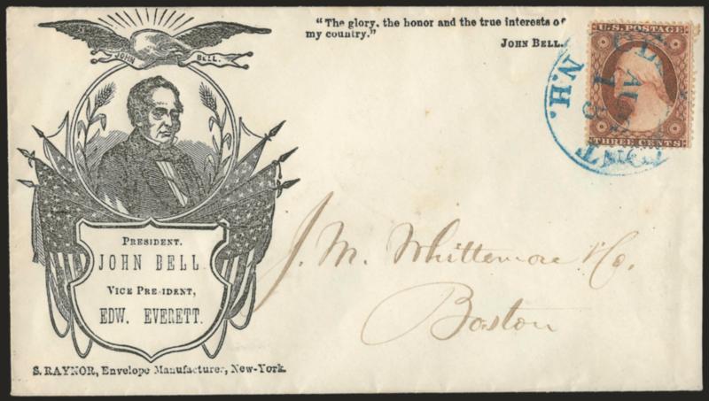 3c Dull Red, Ty. III (26).> Rich color (slightly oxidized), tied by <blue> Claremont N.H. Aug. 13 circular datestamp on cover to Boston with <John Bell three-quarter portrait with flags, eagle and shield,>
Raynor imprint, Milgram JBL-14 (illustrate