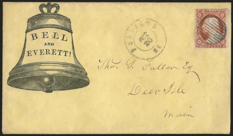 3c Dull Red, Ty. III (26).> Bright shade, cancelled by grid, Portland Me. Oct. 20 double-circle datestamp on yellow cover to Deer Isle Me. with ell and Everett! Liberty Bell design,> Milgram JBL-21, slightly
reduced at right and minor soiling,