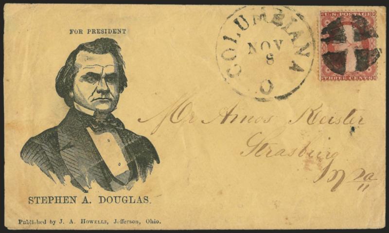 3c Dull Red, Ty. III (26).> Tied by quartered cork, Columbiana O. Nov. 8 circular datestamp on yellow cover to Strasburg Va. with <Stephen A. Douglas for President three-quarter portrait,> J. A. Howells imprint,
Milgram SD-16 variety, some slight