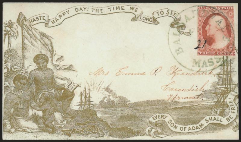 3c Dull Red, Ty. I (11).> Full margins to in at top and right, tied by greenish-blue Ballardvale Mass. Feb. 21 circular datestamp with day in manuscript on cover to Cavendish Vt., with ritish metallic gold
Anti-Slavery propaganda design,> depicti