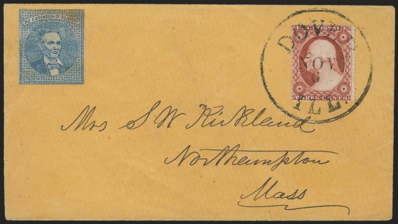 3c Dull Red, Ty. III (26).> Tied by bold strike of Dover Ill. Nov. 6 circular datestamp on cover to Northampton Mass. with blue <No Extension of Slavery beardless Lincoln adhesive label> at top left, Milgram
AL-1 (illustrated on p. 9), label with