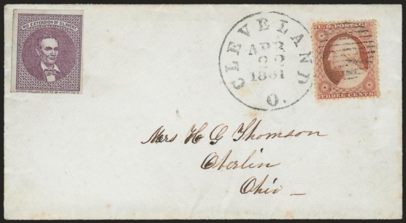3c Dull Red, Ty. III (26).> Cancelled by grid and tied by Cleveland O. Apr. 22, 1861 circular datestamp on cover to Oberlin O. with purple <No Extension of Slavery beardless Lincoln adhesive label> at top left,
Rickey Mallory & Co. of Cincinnati