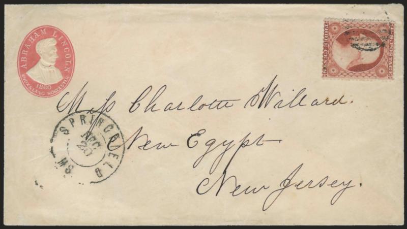 3c Dull Red, Ty. III (26).> Tied by target, Springfield Ms. Dec. 20 double-circle datestamp on cover to New Egypt N.J. with <red embossed cameo with beardless portrait and Abraham Lincoln 1860 campaign design,>
Knox & Lang Worchester imprint, M