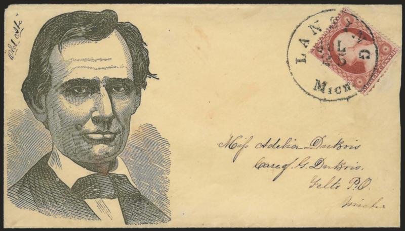 3c Dull Red, Ty. III (26).> Rich color, tied by bold Lansing Mich. Jul. 25 circular datestamp on cover to Felts P.O. Mich. with <large-format full-face beardless Lincoln portrait> with manuscript <<Old Abe>> at
top left, Milgram AL-8 (illustrated