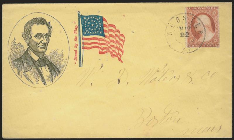 3c Dull Red, Ty. III (26).> Tied by neat Webster Ms. May 22 double-circle datestamp on yellow cover to Boston with <beardless Lincoln three-quarter portrait in oval and red and blue flag with circular stars and
Stand by the Flag surprint,> Milgra