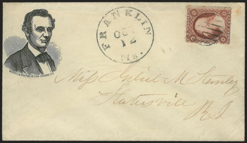 3c Dull Red, Ty. III (26).> Tied by grid, Franklin Ms. Oct. 12 circular datestamp on cover to Statesville R.I. with <beardless Lincoln three-quarter portrait,> Merrill & Son imprint, Milgram AL-28 (illustrated
on p. 20), fresh and Very Fine example