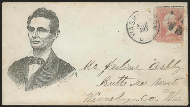 3c Rose (65).> Cancelled by quartered cork and tied by Washington D.C. Mar. 29 circular datestamp on cover to Butte de Morts Wis. with <beardless Lincoln three-quarter portrait facing left,> R. B. Nichol imprint
beneath stamp advertising song and b