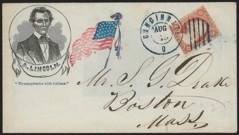 3c Dull Red, Ty. III (26).> Tied by blue grid and by matching Cincinnati O. Aug. 19 double-circle datestamp on cover to Boston with <beardless Lincoln three-quarter portrait in frame with red and blue waving
flag and No compromise with traitors s
