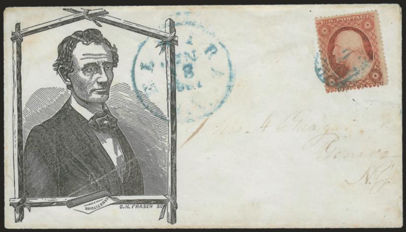 3c Dull Red, Ty. III (26).> Tied by blue grid, matching Elmira N.Y. Jun. 8, 1861 circular datestamp on cover to Geneva N.Y., with <beardless Lincoln three-quarter portrait in log cabin frame,> Fraser imprint,
Milgram AL-64 (illustrated on p. 41), V