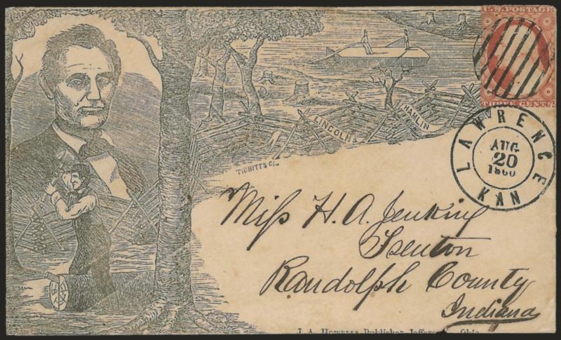 3c Dull Red, Ty. III (26).> Perfs trimmed, tied by perfect bold strikes of grid and <Lawrence Kan. Aug. 20, 1860 Kansas Territory> double-circle datestamp on cover to Trenton Ind. with <beardless Lincoln,
flatboat and railsplitter scene campaign de