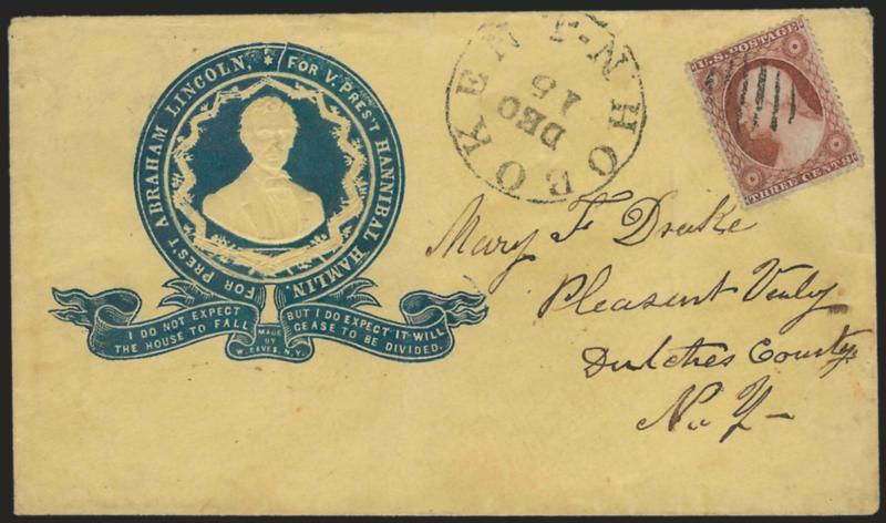 3c Dull Red, Ty. III (26).> Deep shade, some clipped perfs, grid cancel, Hoboken N-J Dec. 15 circular datestamp on yellow cover to Pleasant Valley N.Y. with <blue embossed beardless Lincoln portrait surrounded
by split rails, candidates names and