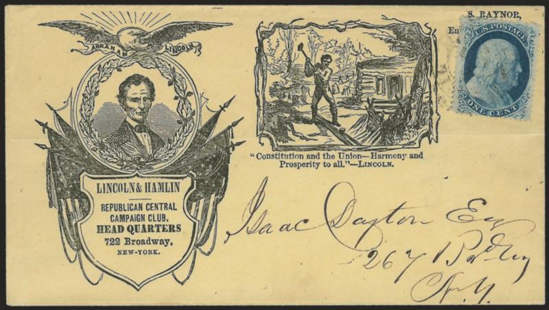 1c Blue, Ty. V (24).> Tied by light strike of <New York City U.S. Mail carrier datestamp> on yellow cover to local street address with <beardless Lincoln portrait, railsplitter scene, verse and Lincoln & Hamlin,
Republican Central Campaign Club He