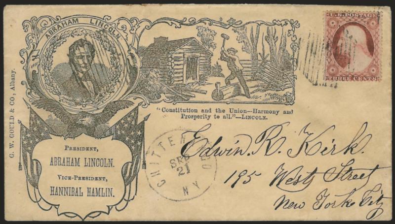 3c Dull Red, Ty. III (26).> Rich color, tied by grid, Chittenango N.Y. Sep. 21 circular datestamp on yellow cover to New York City with <beardless Lincoln portrait, railsplitter scene and verse,> Gould imprint
at left, Milgram AL-92 (with Gould imp