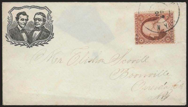 3c Dull Red, Ty. III (26).> Tied by partly readable strike of New York town double-circle datestamp on cover to Boonville N.Y. with <Lincoln and Hamlin portraits in ornate frame and olive branches below,>
Milgram AL-94, missing part of top flap, Very