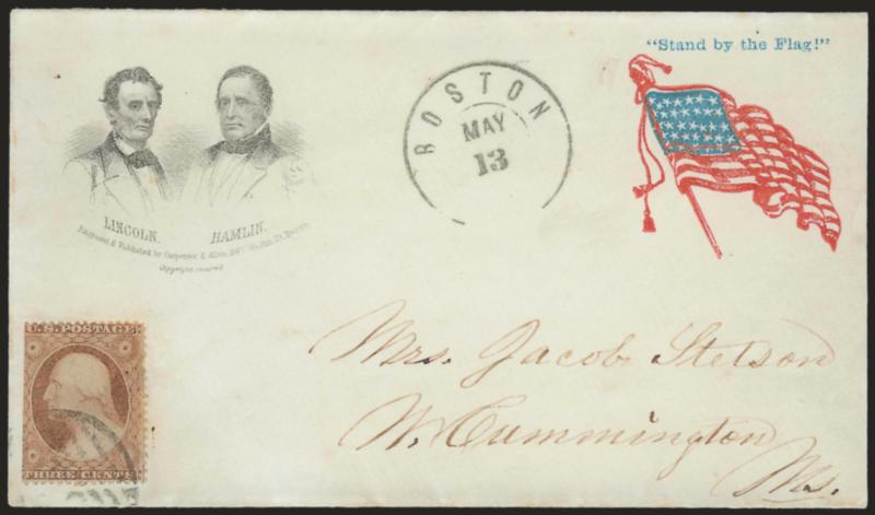 3c Dull Red, Ty. III (26).> Rich color (slightly oxidized), s.e. at left, perf flaw at right, tied by large Paid grid, Boston May 13 double-circle datestamp on cover to West Cummington Mass. with <Lincoln and
Hamlin dual three-quarter portraits a