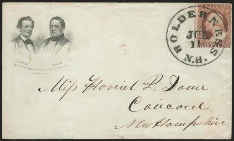 3c Dull Red, Ty. III (26).> Rich color (slightly oxidized), tied by bold strike of Holderness N.H. Jul. 11 circular datestamp on cover to Concord N.H. with <Lincoln and Hamlin dual three-quarter portraits,>
Carpenter & Allen imprint, Milgram AL-99,