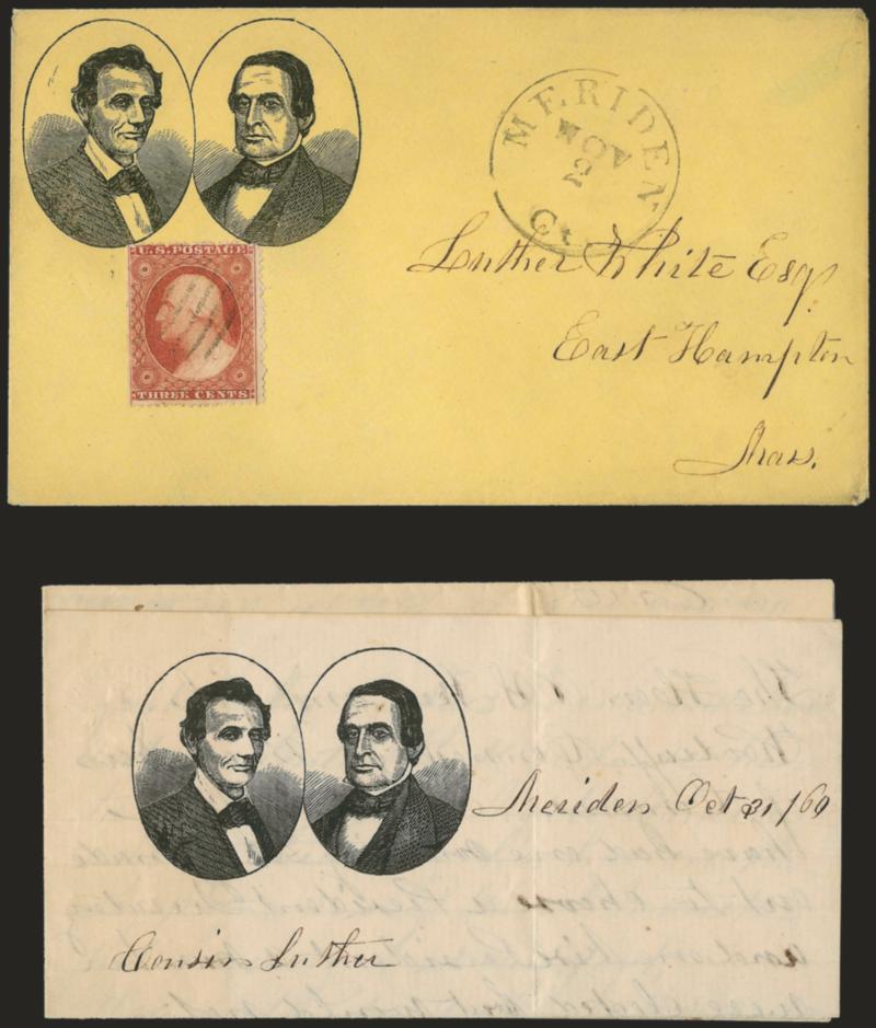 3c Dull Red, Ty. III (26).> Bright shade, natural s.e. at left, cancelled by grid, Meriden Ct. Nov. 2 circular datestamp on yellow cover to East Hampton Mass. with <Lincoln and Hamlin dual three-quarter
portraits in ovals,> Milgram AL-107 (illustra