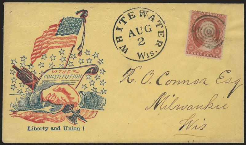 3c Dull Red, Ty. III (26).> Tied by neat strike of target, Whitewater Wis. Aug. 2 circular datestamp on yellow cover to Milwaukee Wis. with <red and blue clasping hands across Constitution and flag patriotic
design overprinted on embossed Slavery