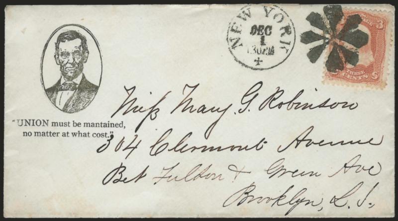 3c Rose (65).> Tied by bold rosette cancel, New York Dec. 1 1:30PM+ circular datestamp on cover to Brooklyn with <woodcut bearded Lincoln portrait in oval and UNION must be maintained no matter at what cost
quote,> Milgram AL-121 (illustrated on