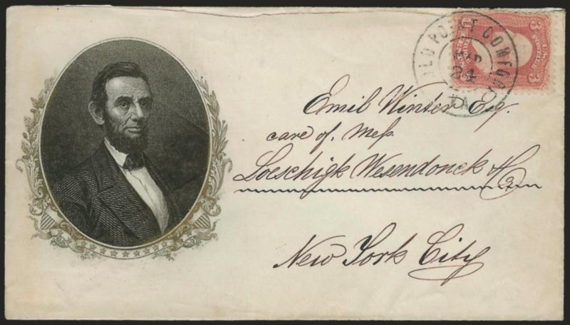 3c Rose (65).> Deep shade, slight crease at short perfs at left, tied by Old Point Comfort Va. Mar. 24 double-circle datestamp on envelope of fine-quality manufacture addressed to Emil Winter at the merchants
firm of Loeschigk, Wesendonck & Co. in