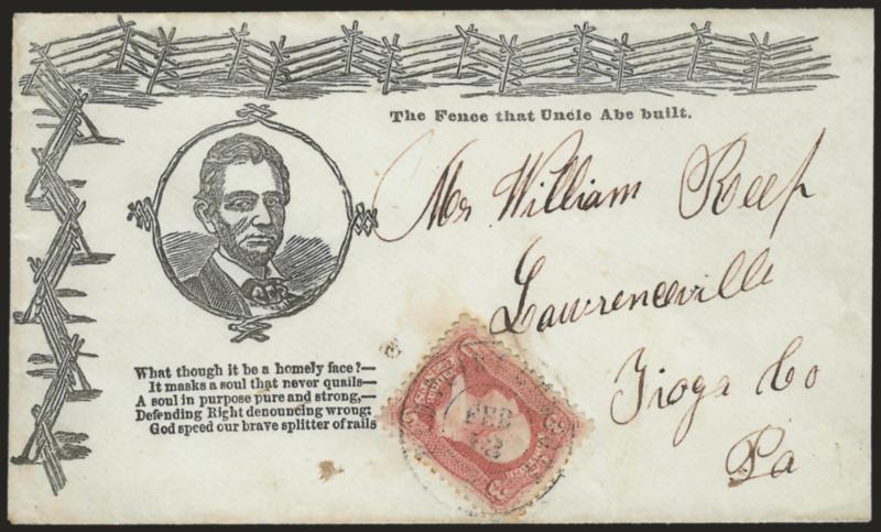 3c Rose (65).> Tied by light strike of Old Point Comfort Va. Feb. 13 double-circle datestamp on cover to Lawrenceville Pa. with <bearded Lincoln and railsplitter scene with verse,> Magee imprint on top flap,
Milgram ALO-126, slightly reduced at rig