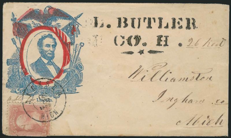 3c Rose (65).> S.e. at left, tied by Jackson Mich. Oct. 18, 1861 double-circle datestamp on cover to Williamston Mich. with bold <L. Butler Co. H.> soldiers letter handstamp, red and blue <Lincoln three-quarter
portrait in frame with eagle, flag
